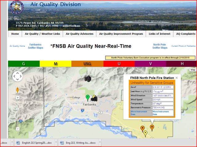 Fairbanks North Star Borough, "Near Real Time," Monday February 9, 2015, North Pole Fire, 174 ug/m3L